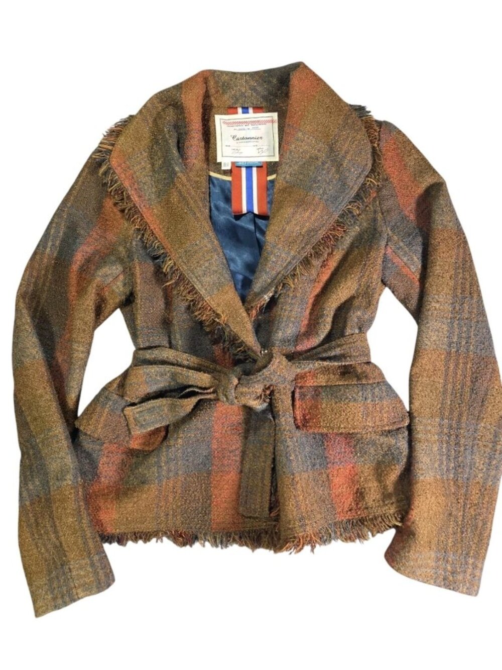 Cartonnier Anthropologie Women's Plaid Tie Waist Fringe Blazer Jacket Sz 10